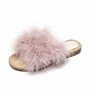 BeauToday Slippers Women Microfiber Turkey Hair Decoration Open Toe Flat Heel Summer Ladies Outdoor Flat Shoes Handmade 36073