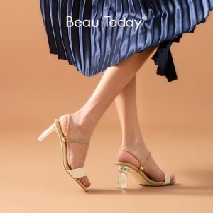 BeauToday Slippers Women Patent Leather Square Peep Toe Slip-On Summer Ladies Outdoor Slides High Heel Shoes Handmade 35070
