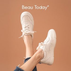 BeauToday Sneakers Women Genuine Cow Leather Round Toe Lace-Up Closure Ladies Casual Flats Shoes White Handmade 29039