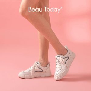BeauToday White Sneakers Women Genuine Cow Leather Round Toe Cross-Tied Thick Sole Spring Lady Casual Flat Shoes Handmade A29542
