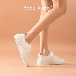 BeauToday White Sneakers Women’s Cow Leather Round Toe Cross-Tied Vulcanized Shoes  Sequin Trend Lady Casual Flat Shoes 29516