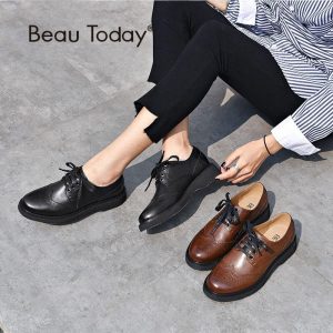 BeauToday Wingtip Brogue Shoes Female Good Quality Genuine Leather Calfskin Fashion Lace-Up Women Flats Handmade A21089
