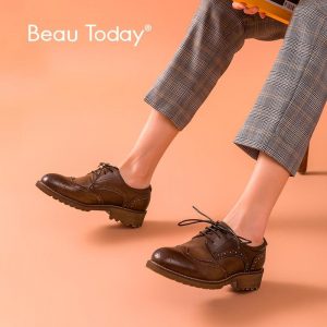 BeauToday Women Derby Shoes Genuine Cow Leather Brogue Style Wingtip Round Toe Lace-Up Top Quality Brand Flat Shoes 21609