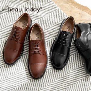 BeauToday Women Derby Shoes Genuine Leather Calfskin Lace-Up Round Toe Spring Autumn Casual Ladies Flats Handmade 21432