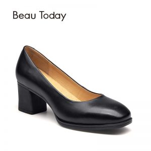 BeauToday Women Pumps Genuine Cow Leather Slip On Square Toe High Heel Handmade Office Ladies Dress Brand Boat Shoes 15024