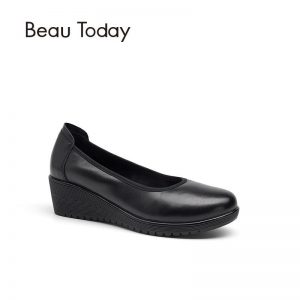 BeauToday Women Pumps Genuine Leather Work Shoes Nappa Cow Leather Round Toe High Heel Wedges Office Ladies Pump 15011
