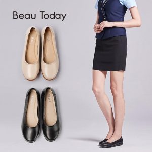 BeauToday Work Shoes Women Round Toe Genuine Cow Leather Slip-On Boat Shoes Office Ladies Flats Handmade 1802