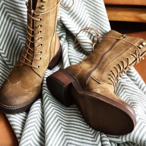 Brogue Boots Women BeauToday Brand Boot Mid-Calf Good Quality Cow Suede Leather Handmade Autumn Winter Lady Shoes 02201