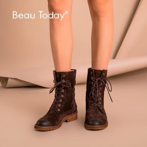 Women Mid-Calf Boots BeauToday Brand New Autumn Winter Cow Suede Genuine Leather Elastic Lace-Up Lady Shoes Handmade 02203